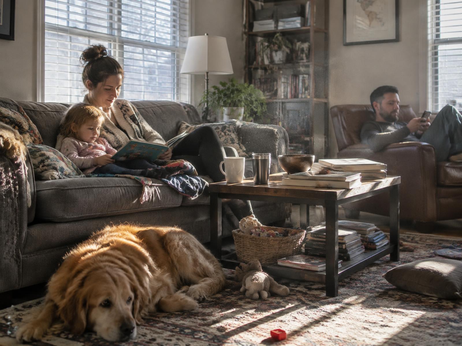 Family in a living room with sunlight revealing dust floating in the air